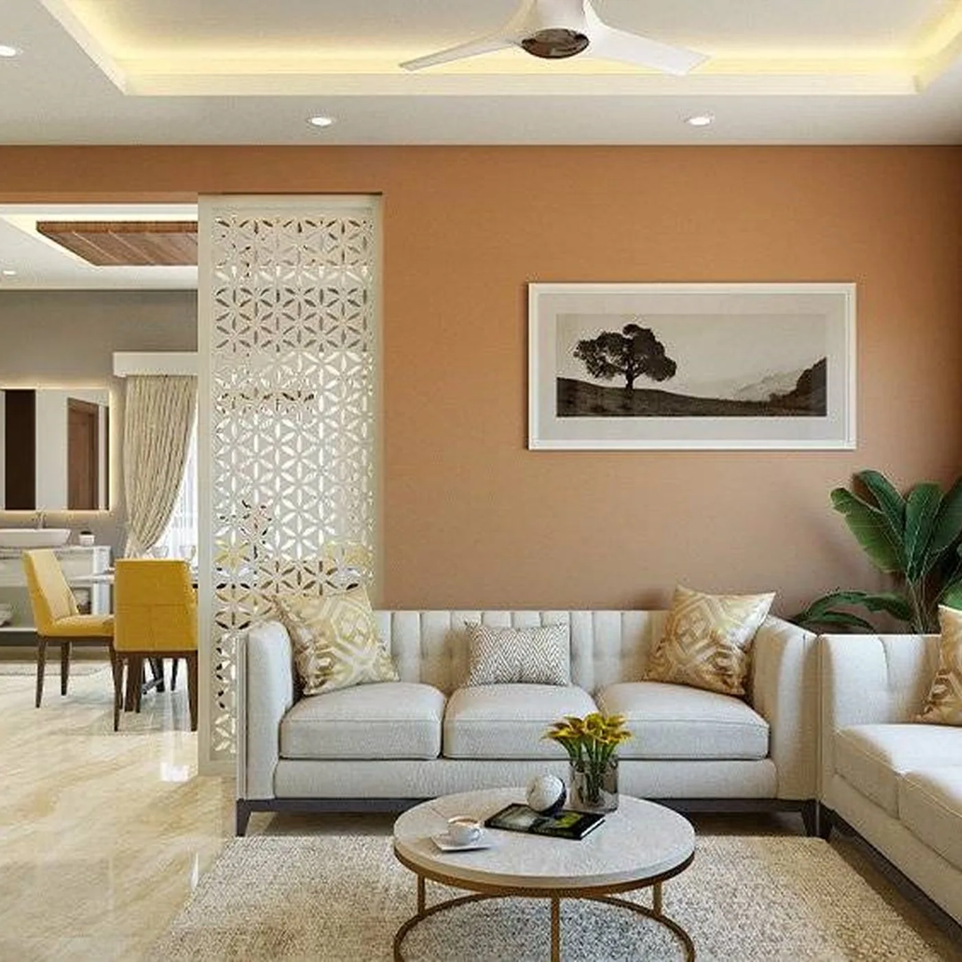 Finished premium interior with soft seating, feature lighting and warm palette